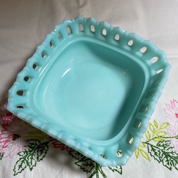 Vintage Rare Fostoria Aqua Turquoise Milk Glass Depression pressed glass dish - Picture 15 of 17
